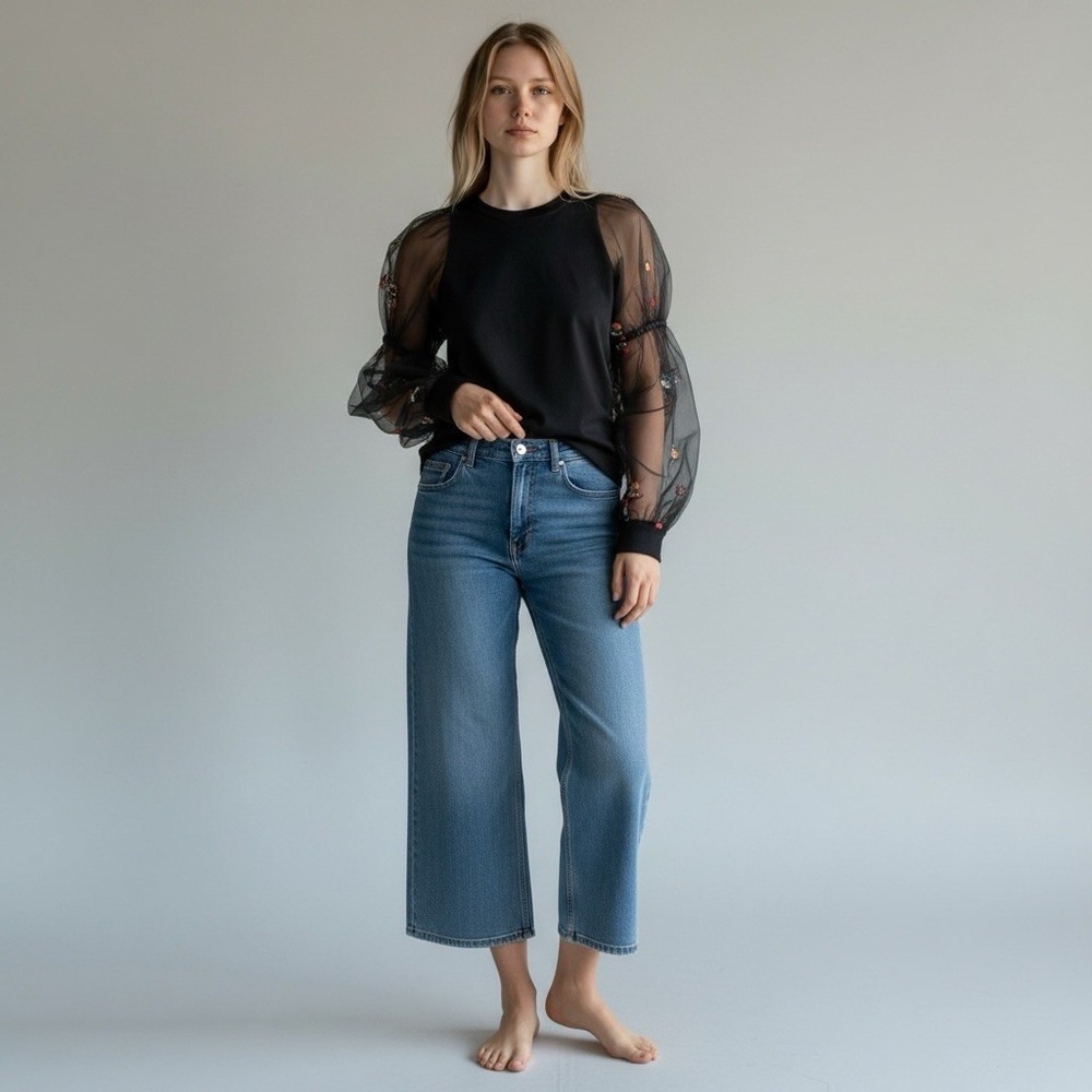 Maeve Black Tee with Sheer Embroidered Puff Sleeves
